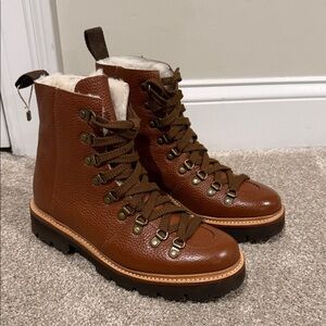 Anthropologie Grenson Tan Nanette Shearling Pebbled-leather Combat Boots US 7.5